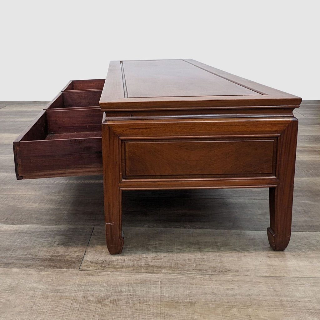 Reperch Ming-style coffee table showing open drawers and wood grain detail.