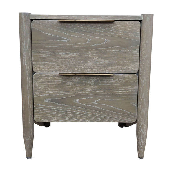 1. A Crate & Barrel mid-century style white oak end table with two closed drawers and brass-finished pulls, against a plain background.