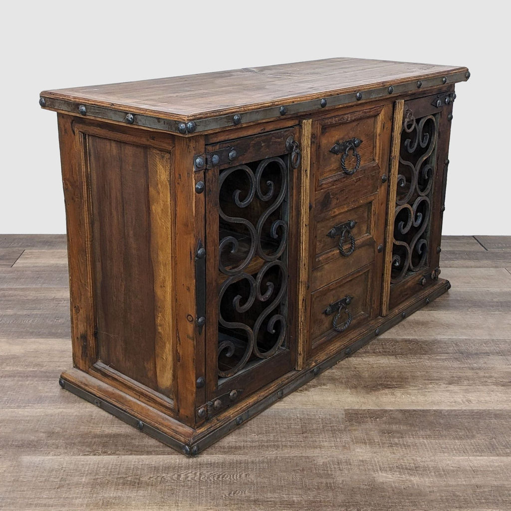Pueblo Viejo rustic sideboard featuring wrought iron details and sturdy Chilean pine construction.
