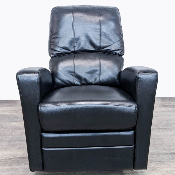 Front view of black faux leather recliner chair with plush seating.  