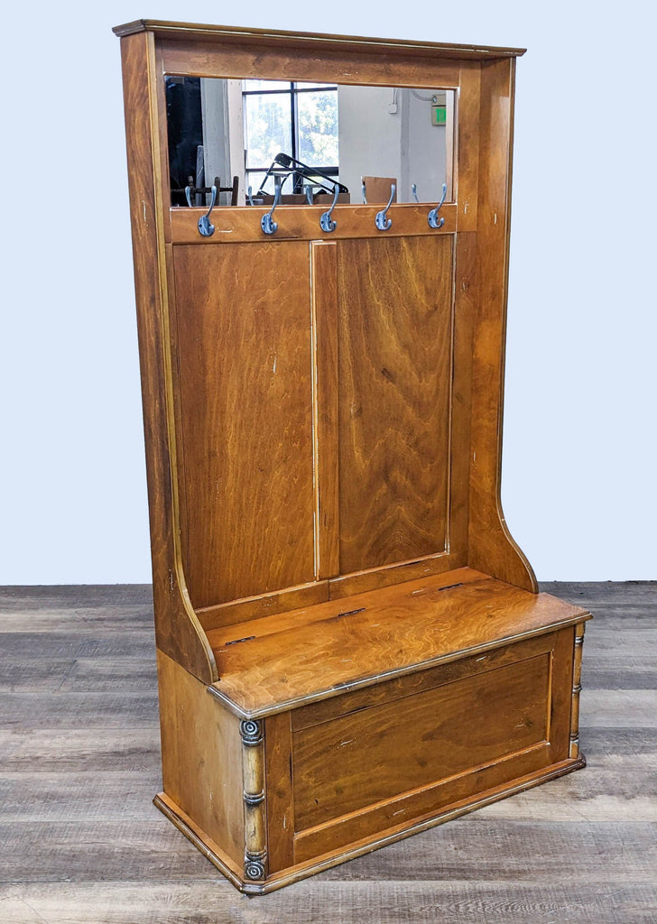 - Alt text 3: Angled front view of a Reperch wooden hall tree, bench lid closed, with visible mirror, hooks, and wood detailing.