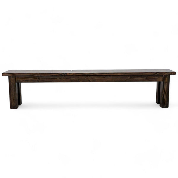 1. Emmor brand rustic solid hardwood dining bench, 84 inches, with natural grain and dark stain, viewed against a white backdrop.