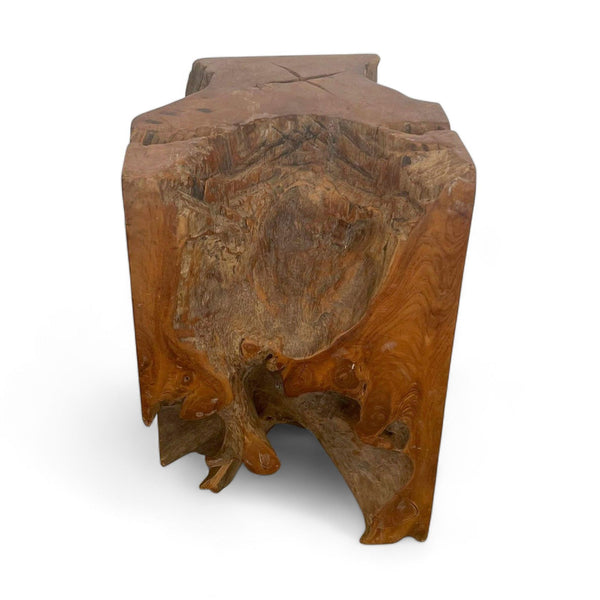 Reperch brand rustic side table made from a solid piece of wood with a natural finish on a white background.