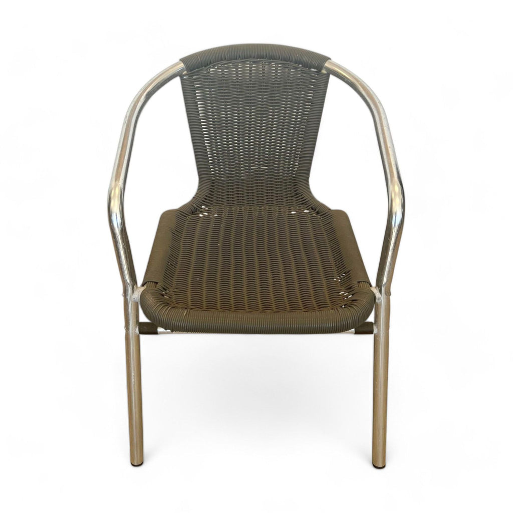 Reperch aluminum dining chair with dark brown rattan seat and curved arms on white background.