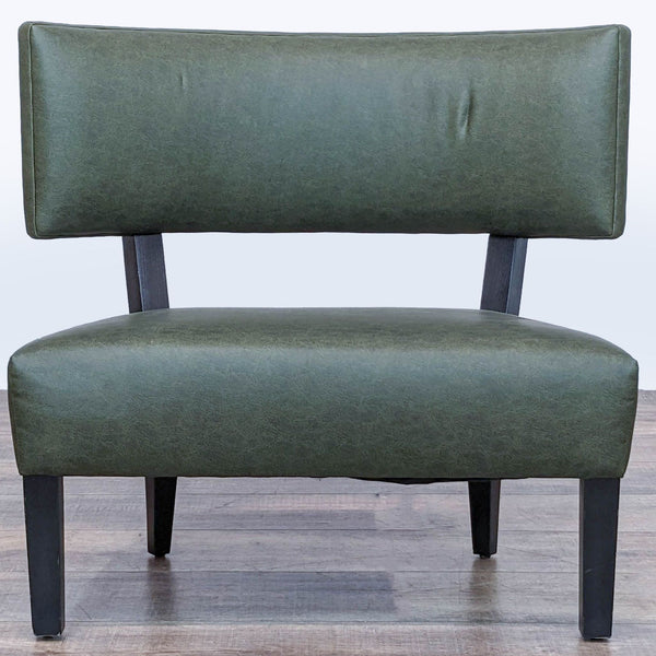 Mid-Century modern Reperch chair with green faux leather and black legs, front view.