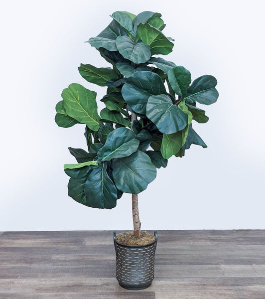 Reperch brand fiddle leaf artificial tree in a decorative metal basket on a wooden floor.