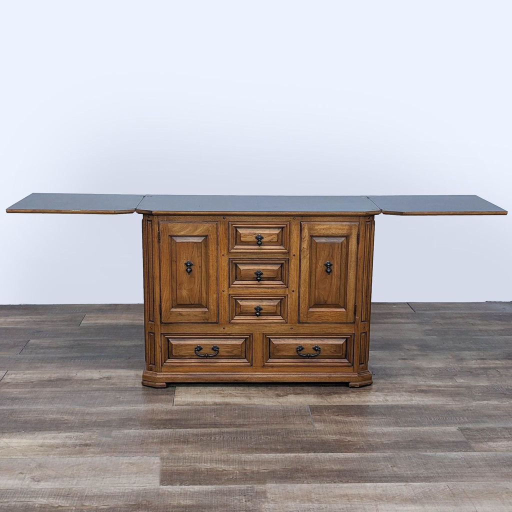 Extended Thomasville sideboard revealing wine storage with a flat, 93-inch top.