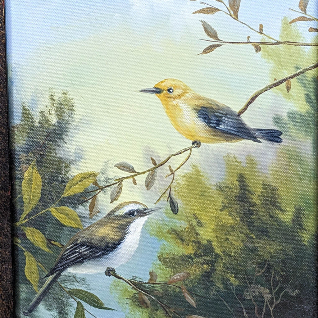 Close-up of vintage painting showing a detailed depiction of two perched birds in a tranquil natural setting by Reperch.
