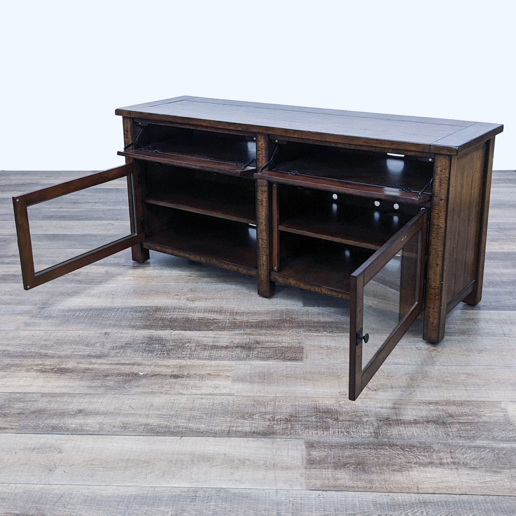 Entertainment center with open drawers revealing English dovetail joinery and adjustable shelves, hand-finished.