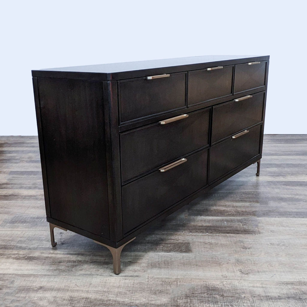 3. Side perspective of the Jonathan & David art deco style Palladium dresser, emphasizing the dark stained finish and brass accents.