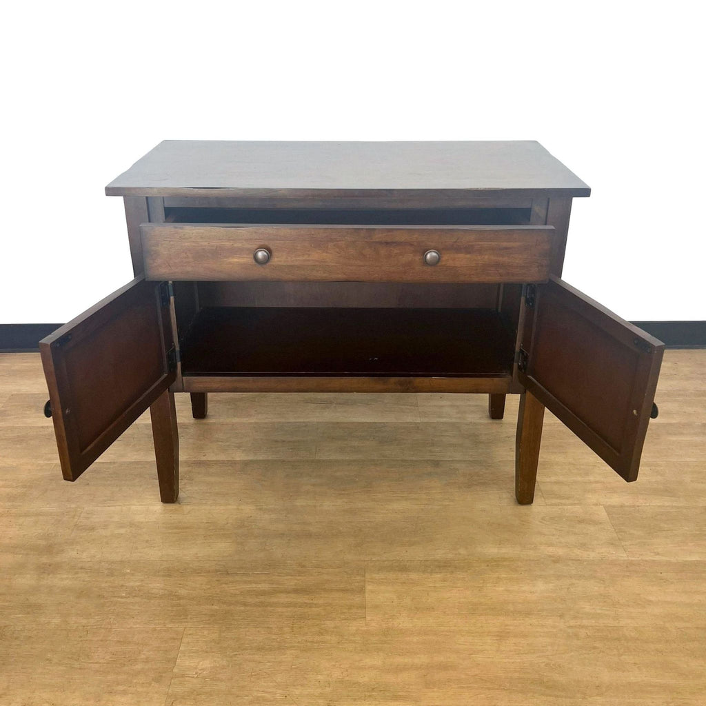vintage mid century modern desk with drawers. the top is made of solid wood with a dark brown