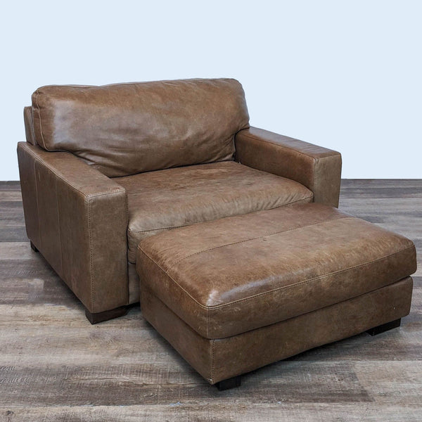 1. A front-angle view of a Soft Line Spa leather lounge chair with plush cushioning and a separate ottoman on a wooden floor.