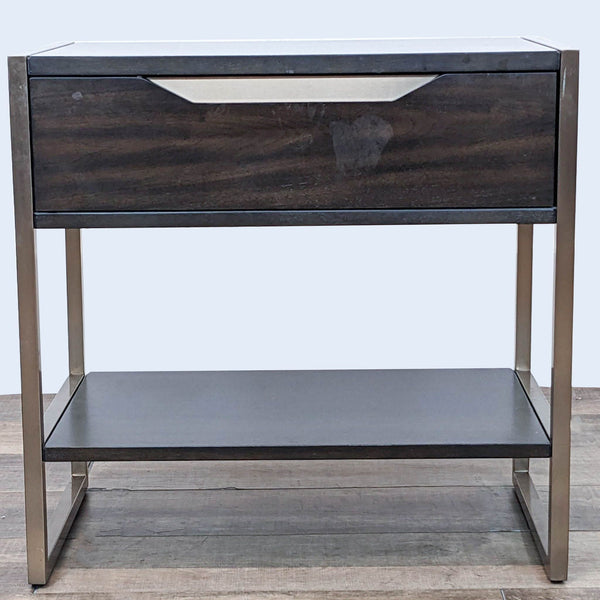 Hooker Furnishings single-drawer nightstand with lower shelf, dark wood on metal frame, front view.