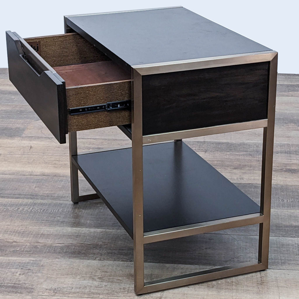Side view of a Hooker Furnishings end table with open drawer, wood and metal design on a wooden floor.