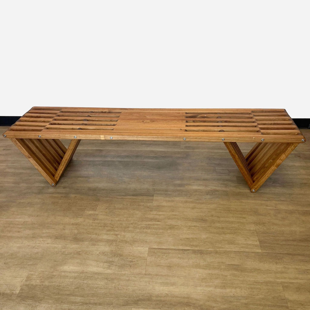 a modern bench made from teak wood.