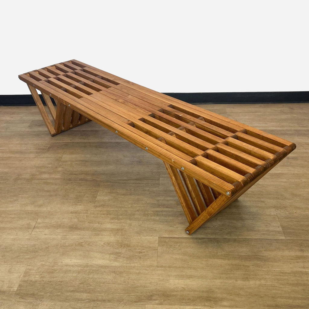 a pair of teak wood bench