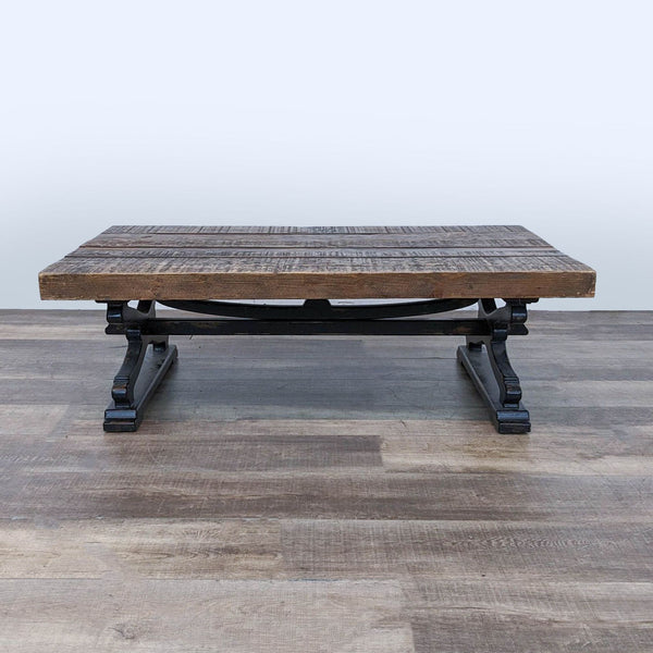 the coffee table is made from reclaimed wood.