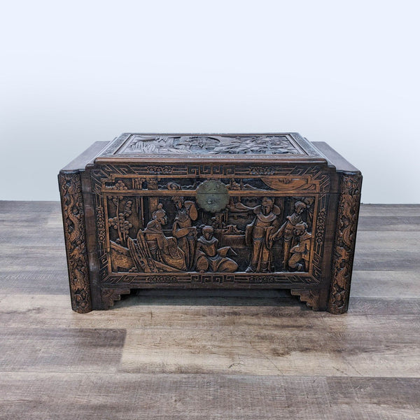 antique carved wood box with a relief of the last supper