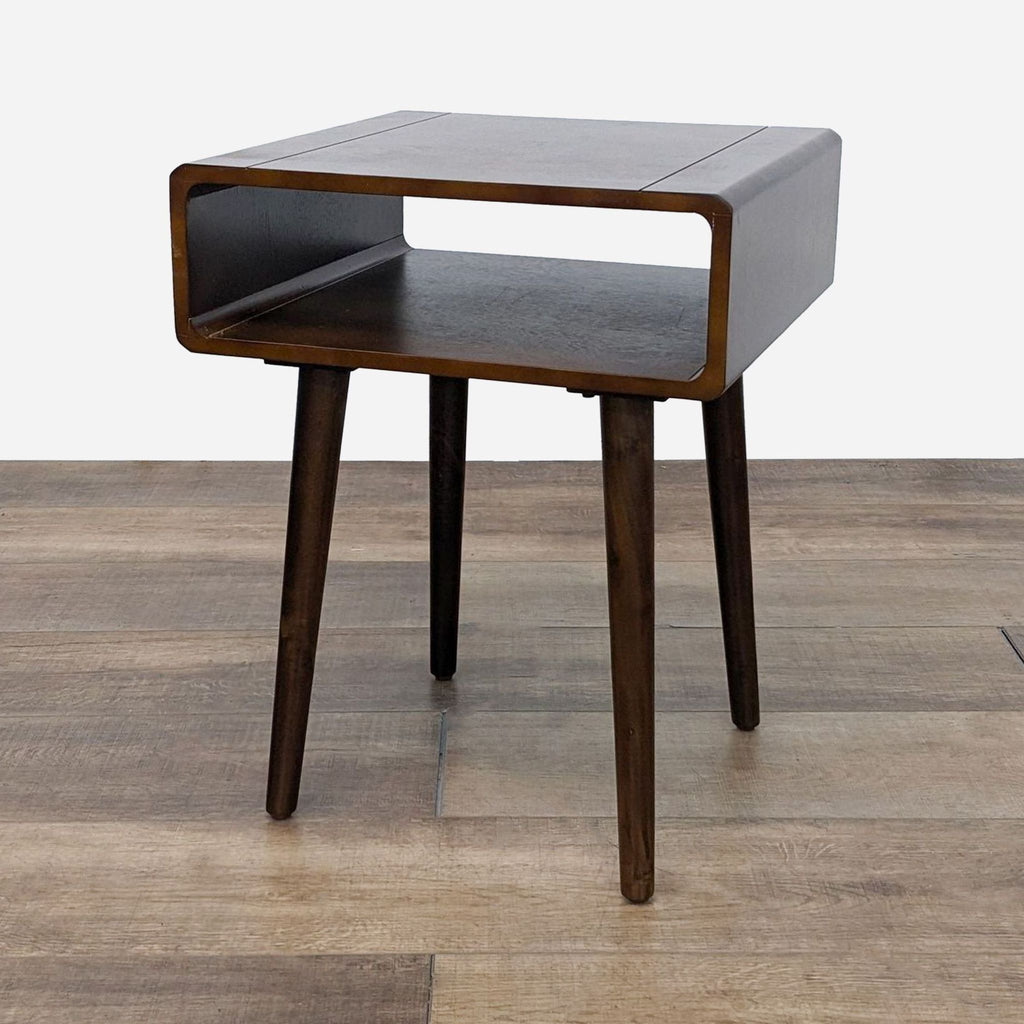 the side table is made from a walnut veneer with a walnut finish.