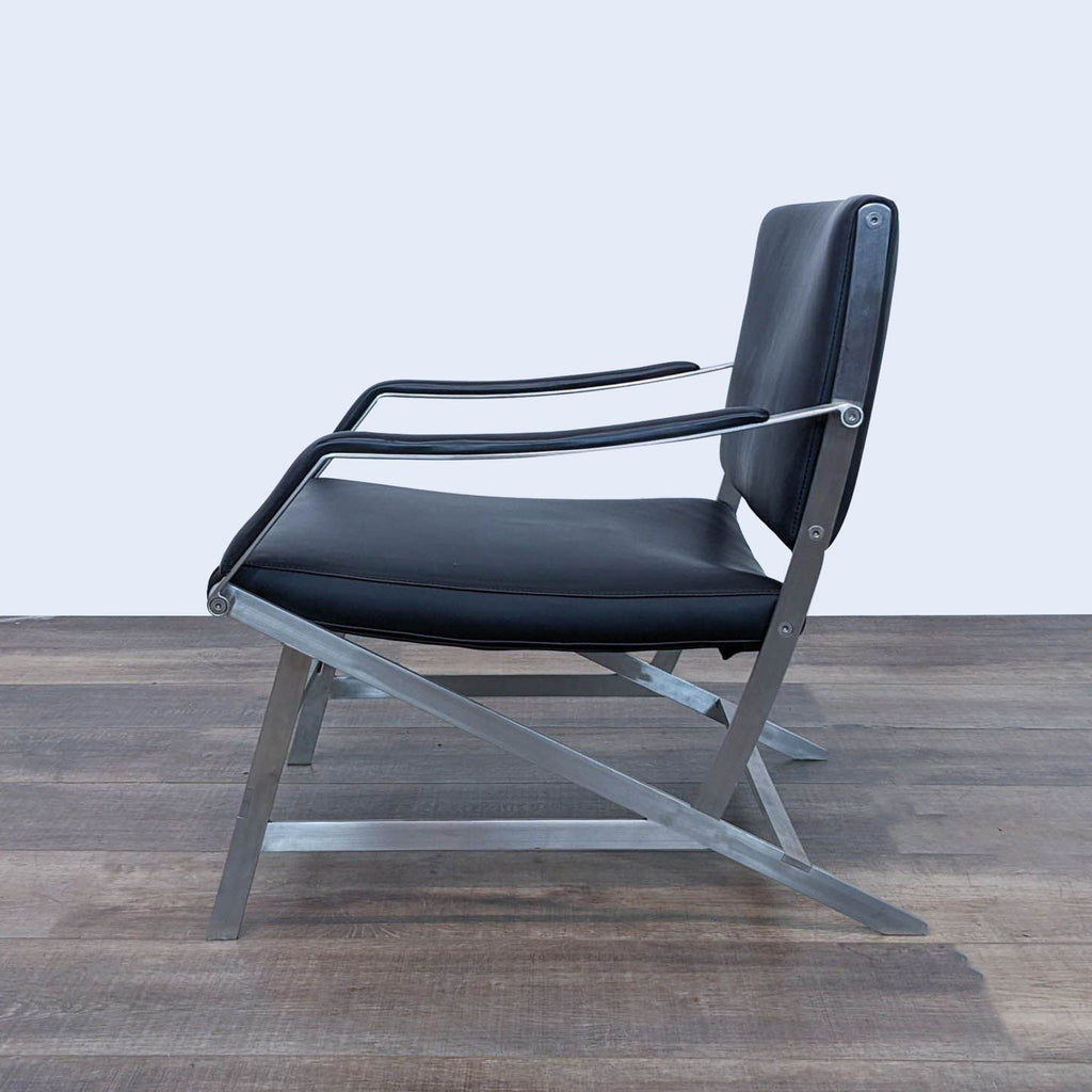 Modern Metal and Black Leather Armchair