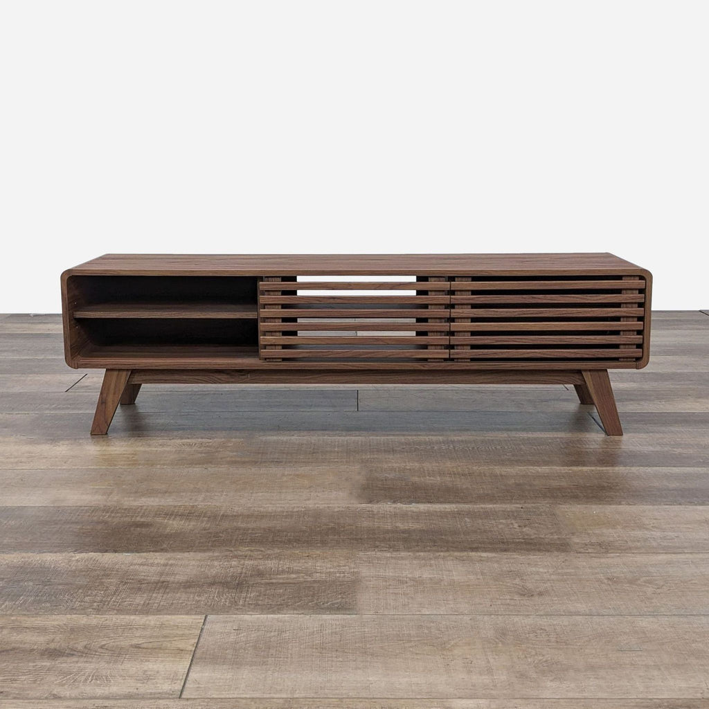 the sideboard is a modern design that is made of wood and has a shelf on the side