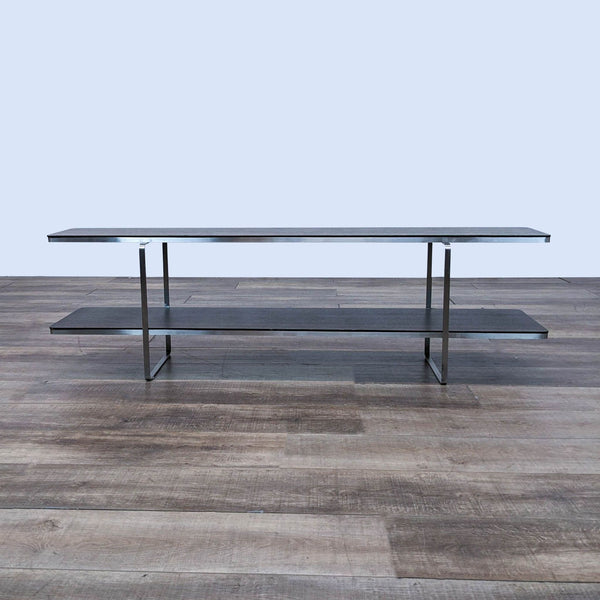 the table is made of steel and is made from a black steel frame.