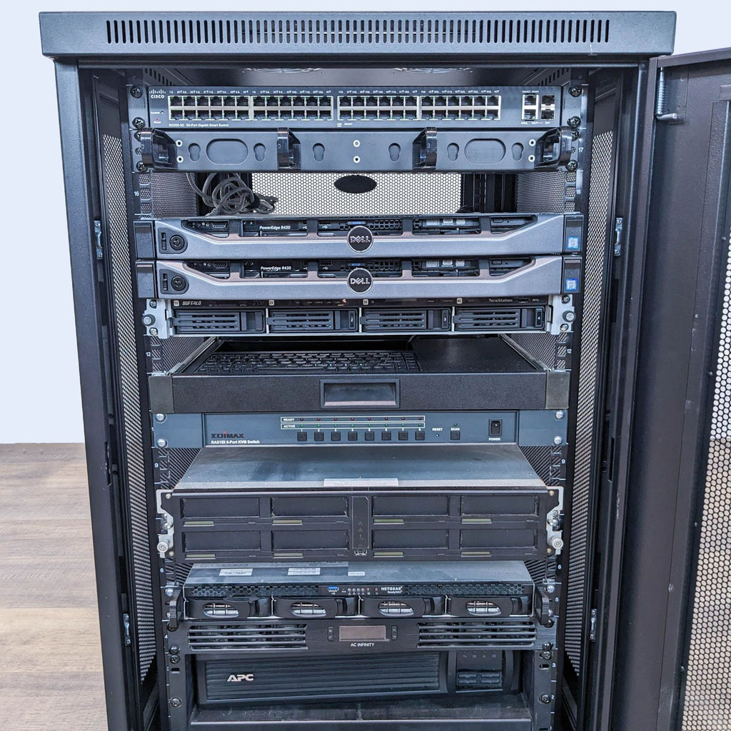 a rack with many different servers