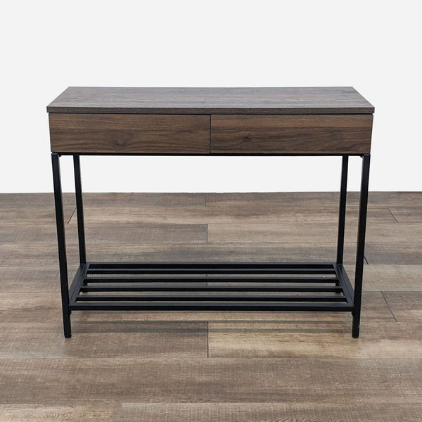 the modern console table is made from solid walnut and features a black metal frame and a metal frame