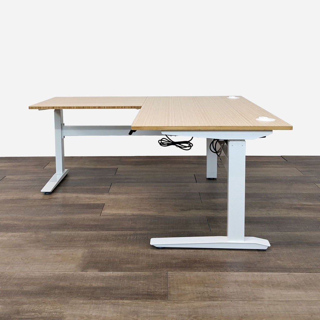 Fully L-Shaped Bamboo Finish Adjustable Standing Desk