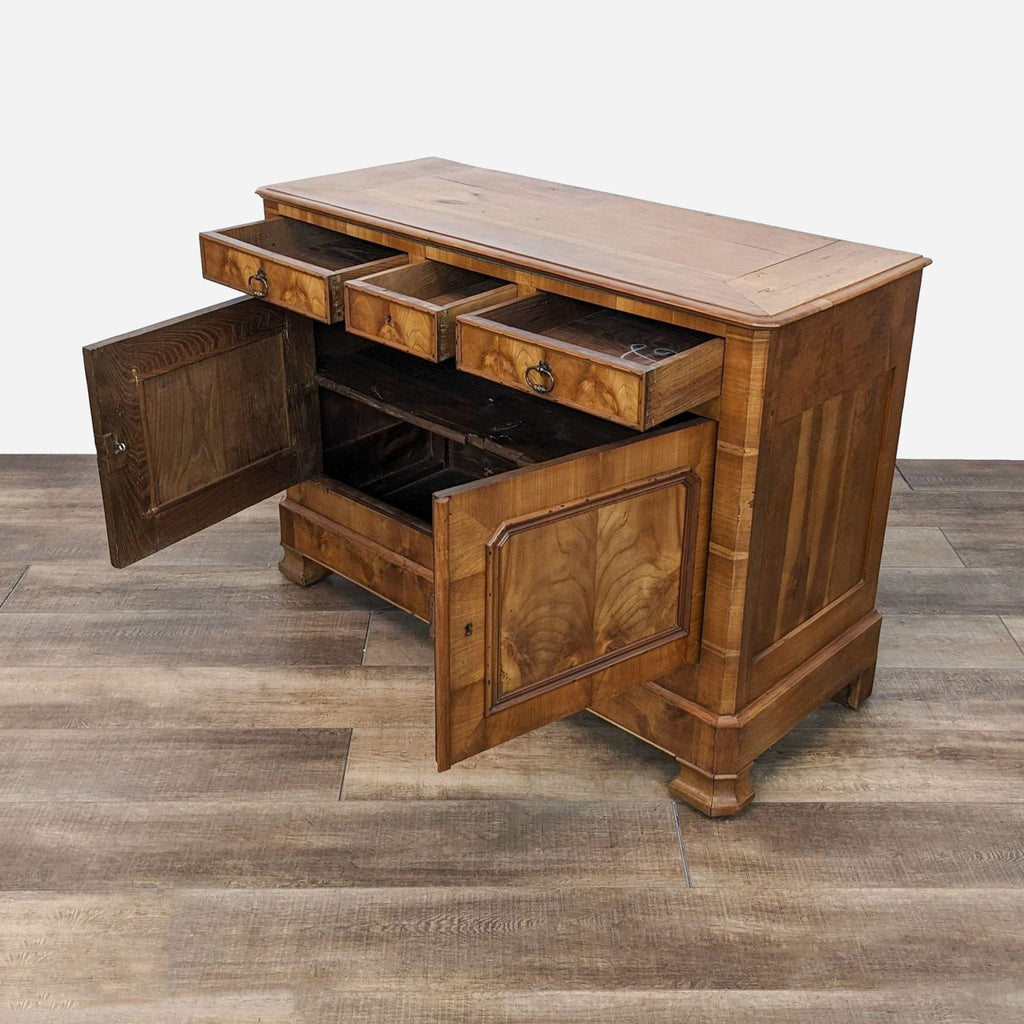 a vintage walnut wood coffee table with open drawers