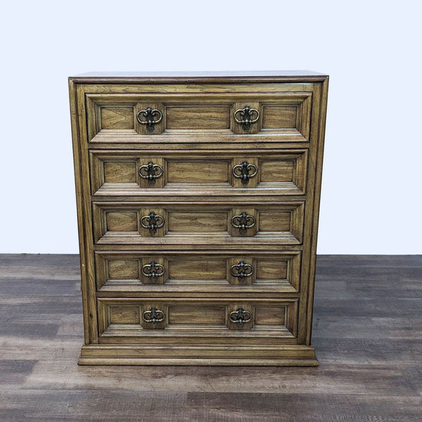 a vintage chest of drawers with a distressed finish.