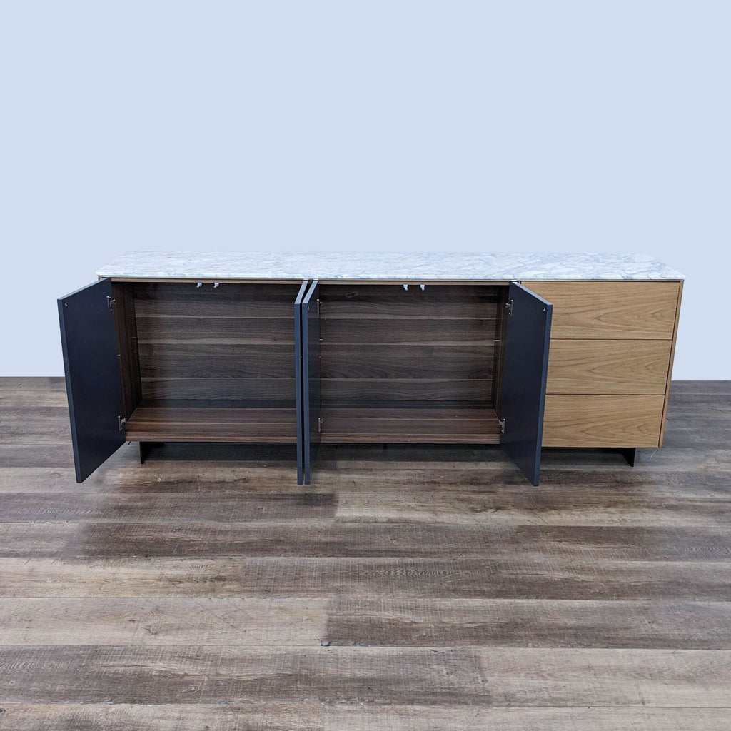 a modern, contemporary, modern, and minimalist sideboard with a marble top.