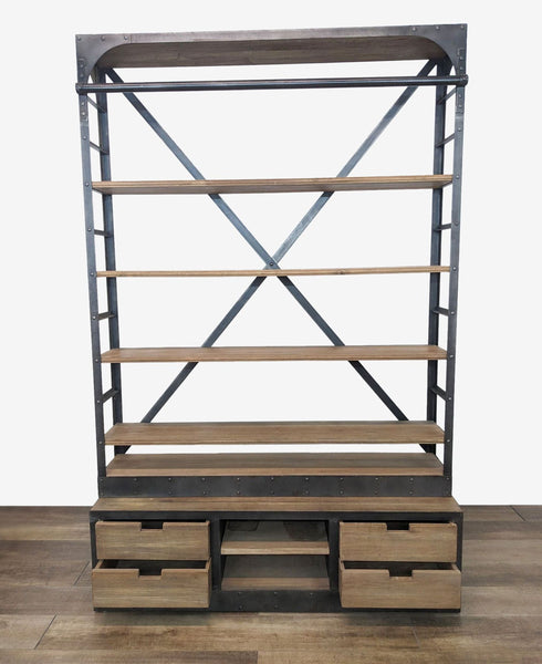 Front view of an iron and walnut bookshelf with four shelves and four drawers, by Restoration Hardware.