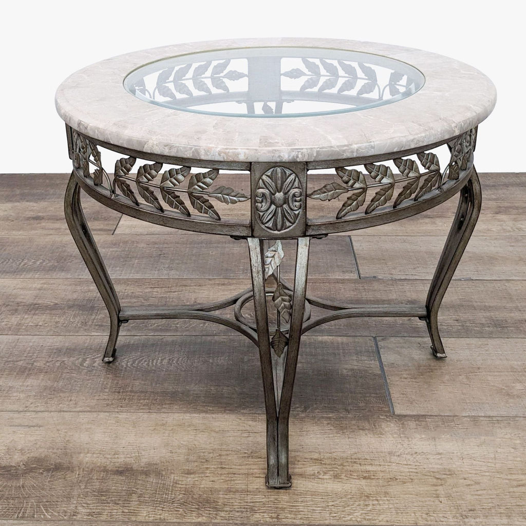 a round table with a marble top.