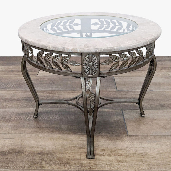 a round table with a marble top.