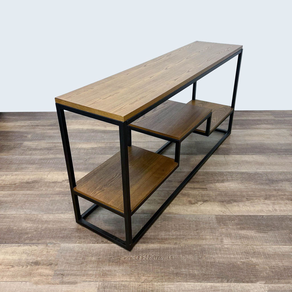 the industrial style coffee table with a metal frame and a shelf