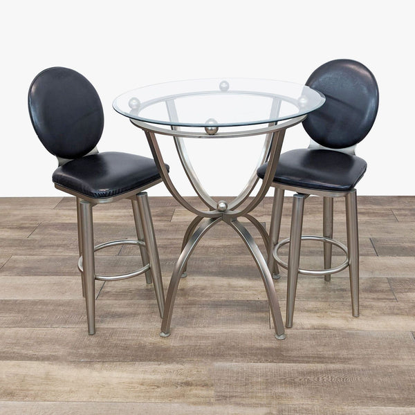 the [ unused0 ] round glass top table with black leather chairs