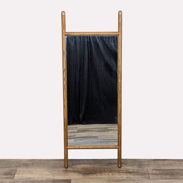 1. Tall Williams Sonoma Mid Century Dowel Mirror with pecan wood dowel frame and brass accents, front view.