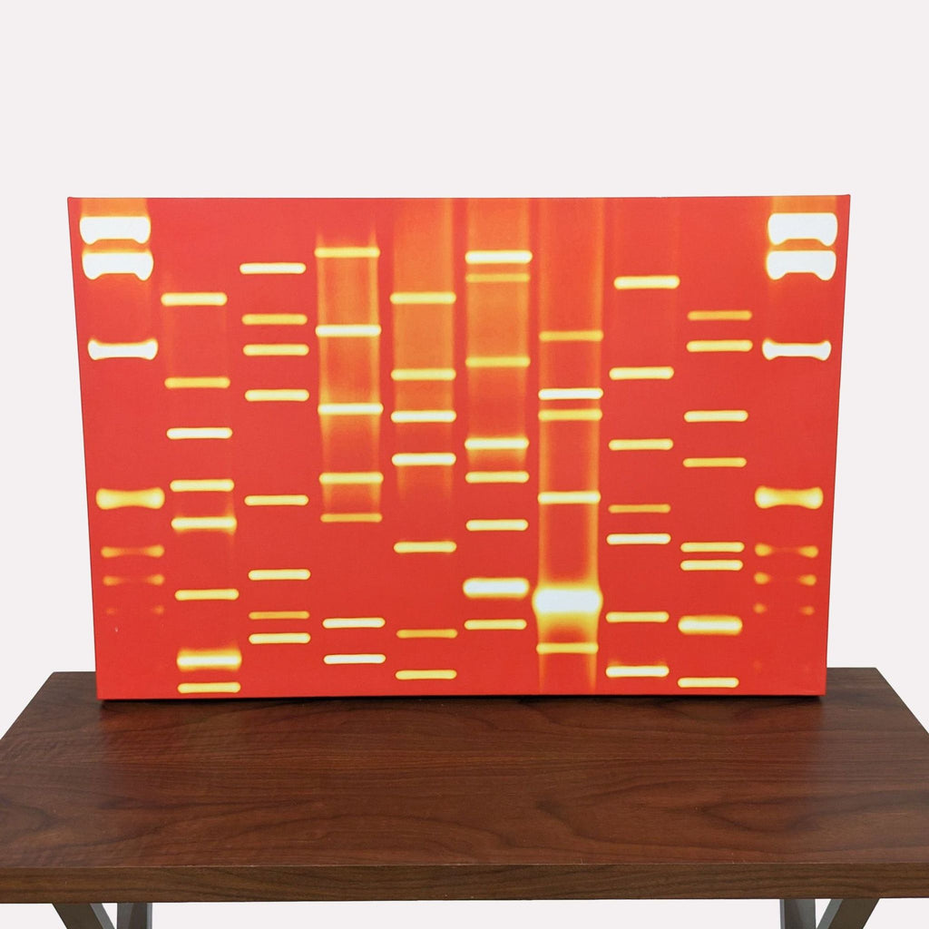 a red and orange table top with a red background and a pair of dna strips.