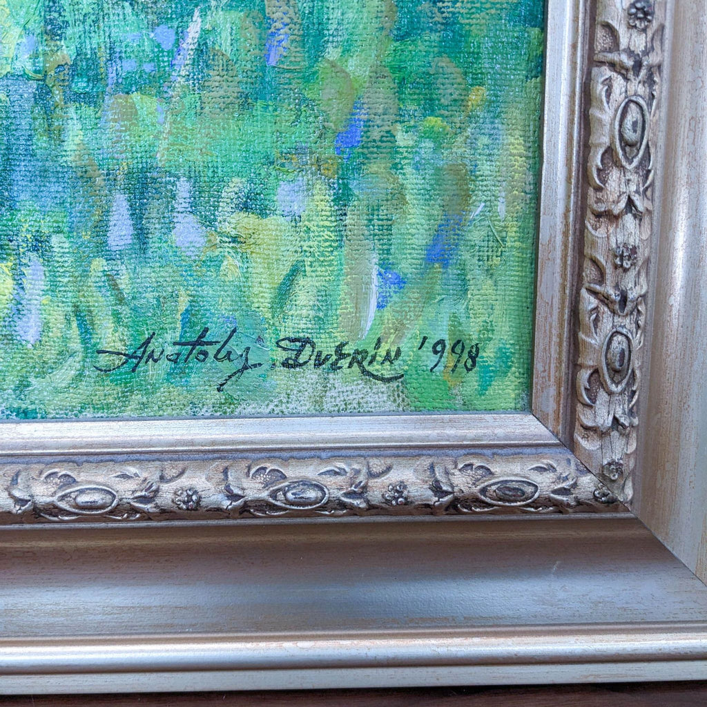 Close-up of “Summer” painting signature by Anatoly Dverin, 1998.