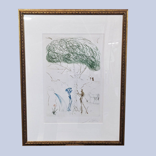 Framed Salvador Dali drypoint engraving titled "A Ruse And A Shadow Beneath A Pine." Signed by artist.