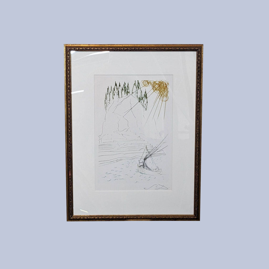 Signed drypoint engraving by Salvador Dali, titled "Revelation And The Cornish Tribute," unique and collectible.