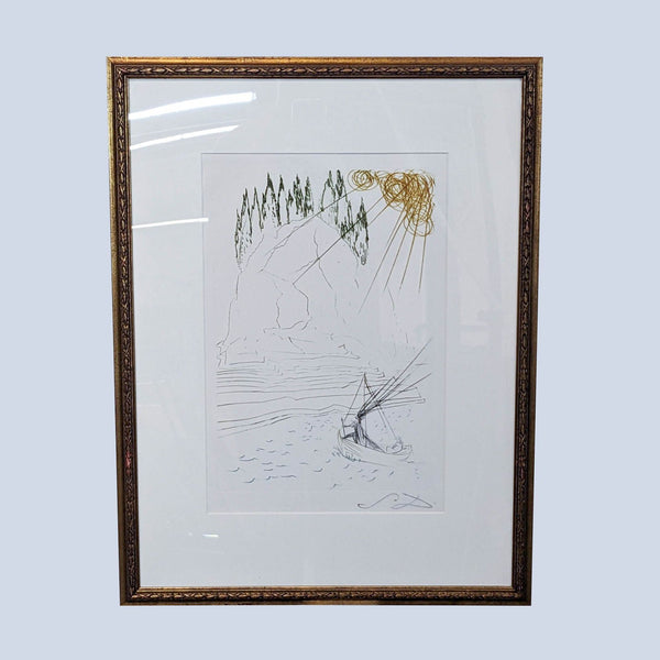 1. Framed drypoint engraving by Salvador Dali shows a boat, cliffs, and golden sun rays, signed by the artist.