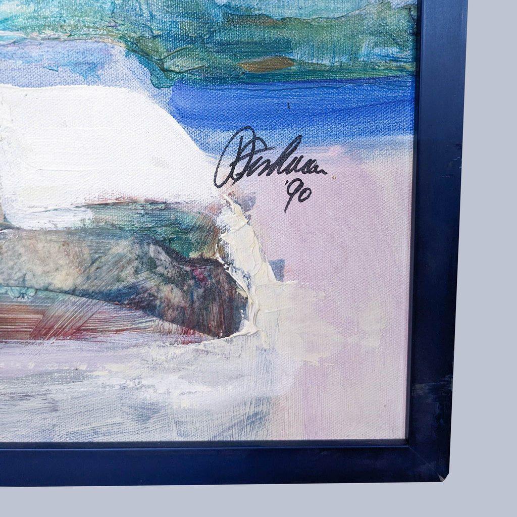 a painting of a beach scene with a blue frame.