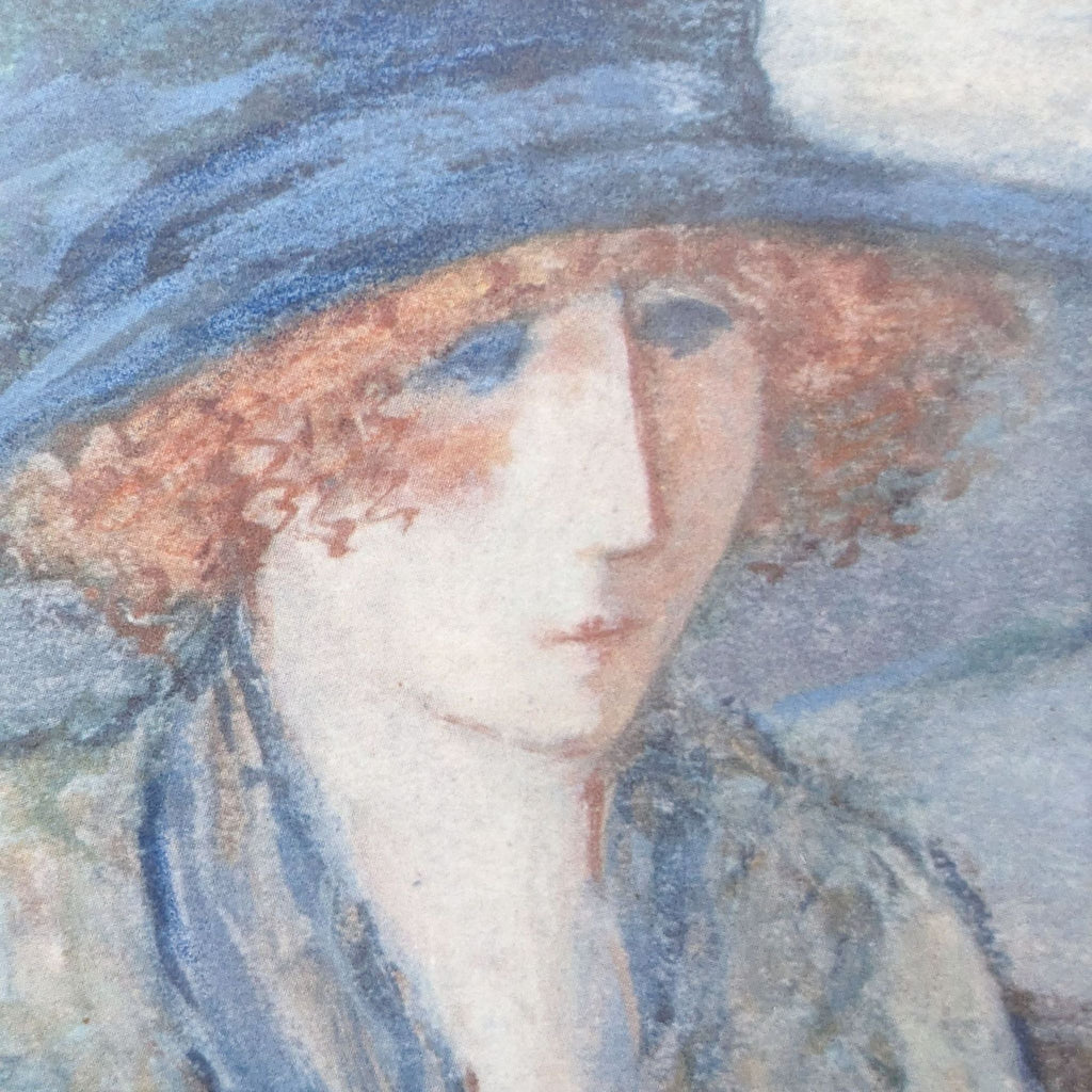 portrait of a lady in a blue hat - british art deco painting by [ unused0 ]