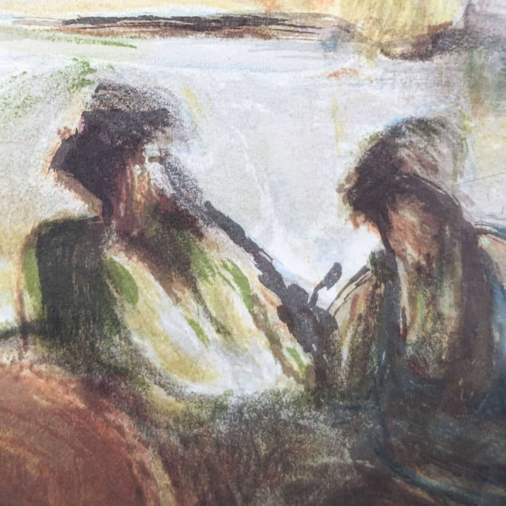 a painting of two people sitting on a bench