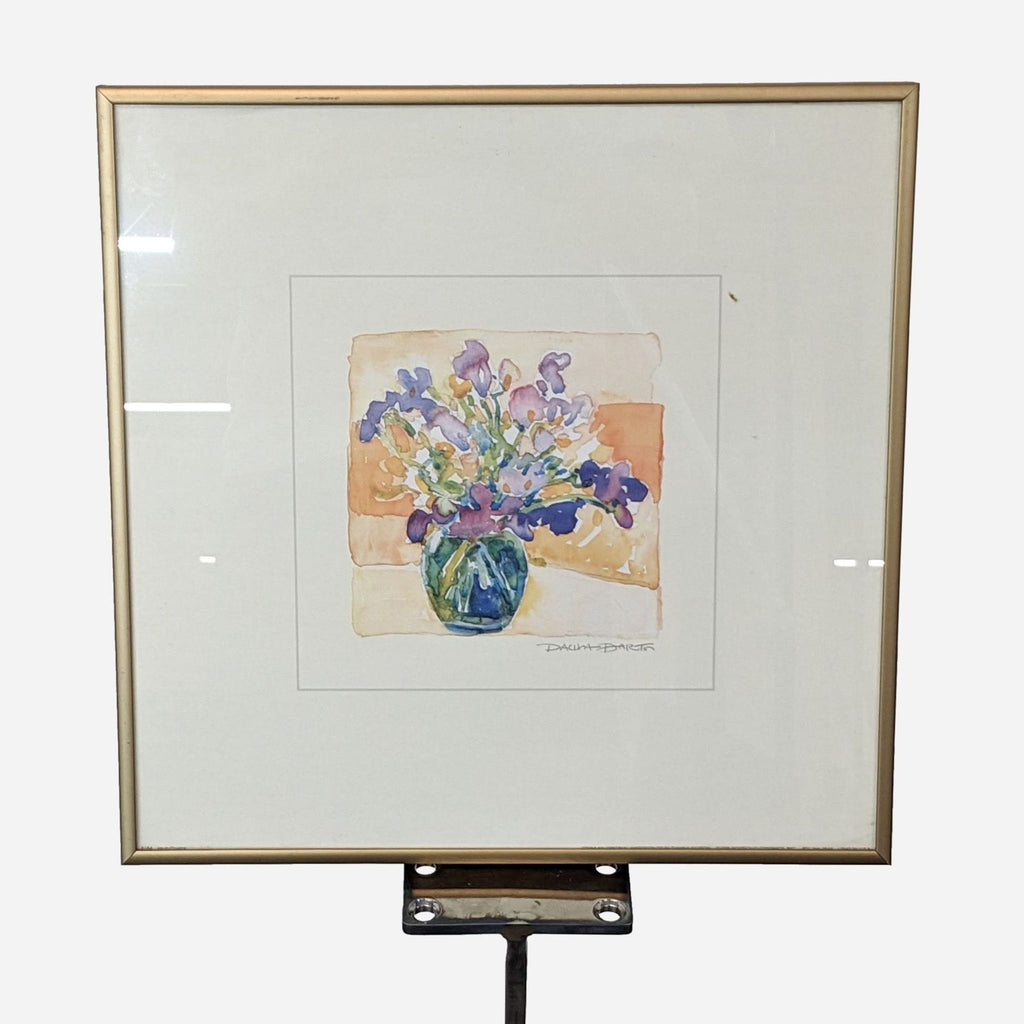 a framed watercolor painting of a vase of flowers