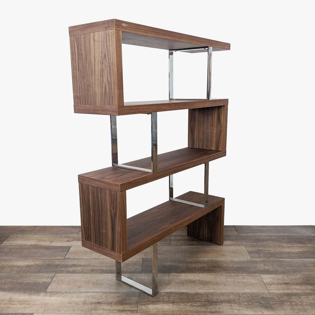 Side view of Reperch bookshelf featuring walnut veneer and chrome elements.