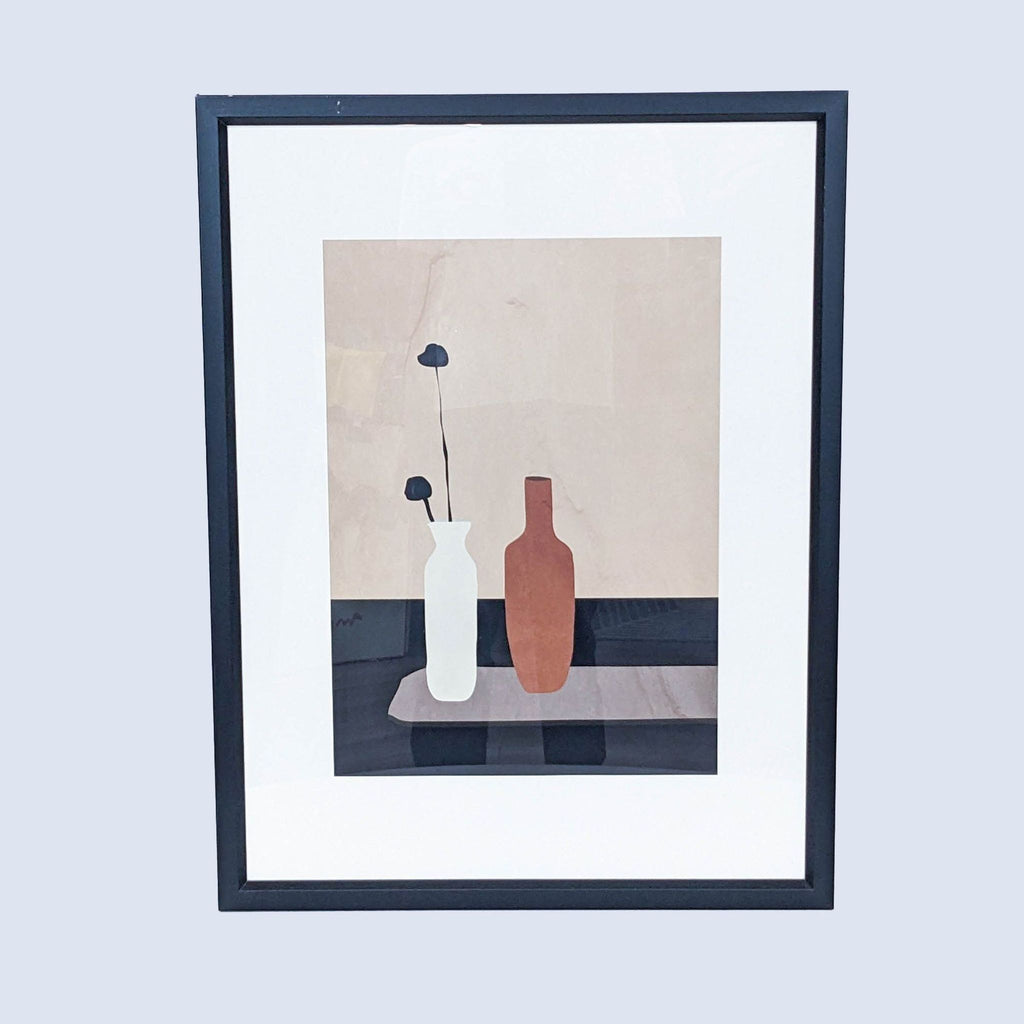 Framed minimalist still life print of two vases in neutral tones.
