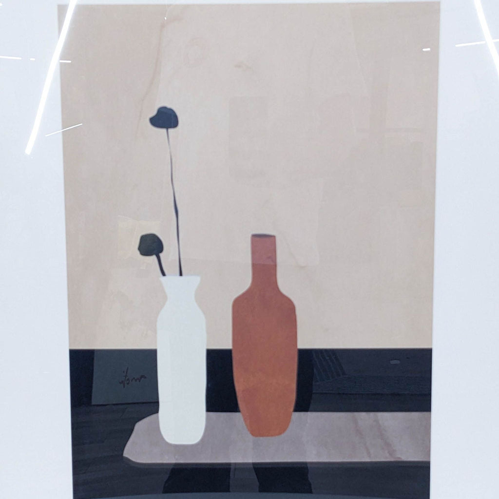 Modern still life artwork with two vases, framed in black.